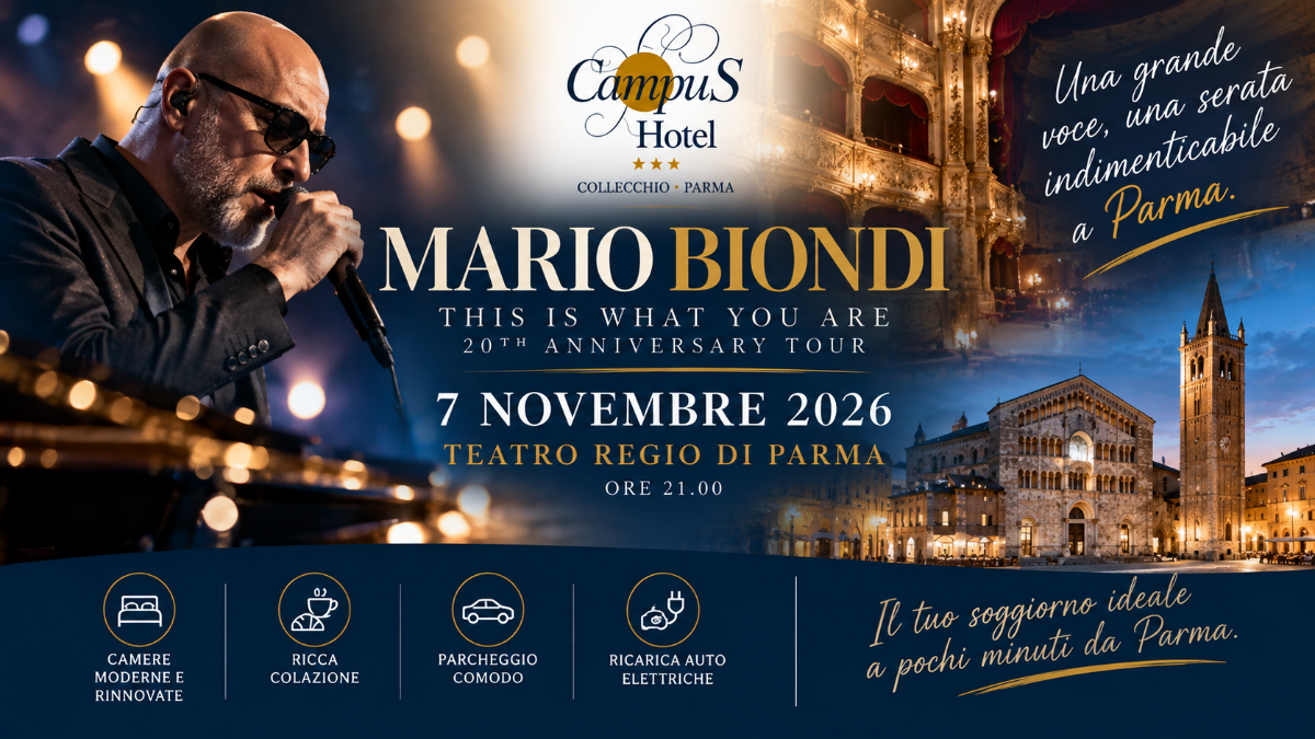 Mario Biondi sarà al Teatro Regio di Parma il 7 novembre 2026. Scopri Hotel Campus Collecchio per un soggiorno tra musica, comfort e Food Valley. | Hotel Campus Fitness Camere Rinnovate Spaziose Familiari WiFi Colazione ottima Parcheggio Bike Room Piscina